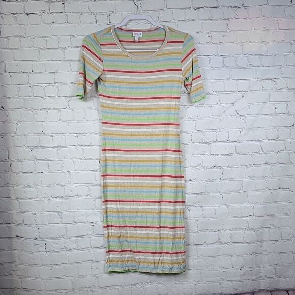 LuLaRoe Julia Dress Knit XXS Tan Striped Midi Knee Length Fitted Comfy Casual - Picture 2 of 9